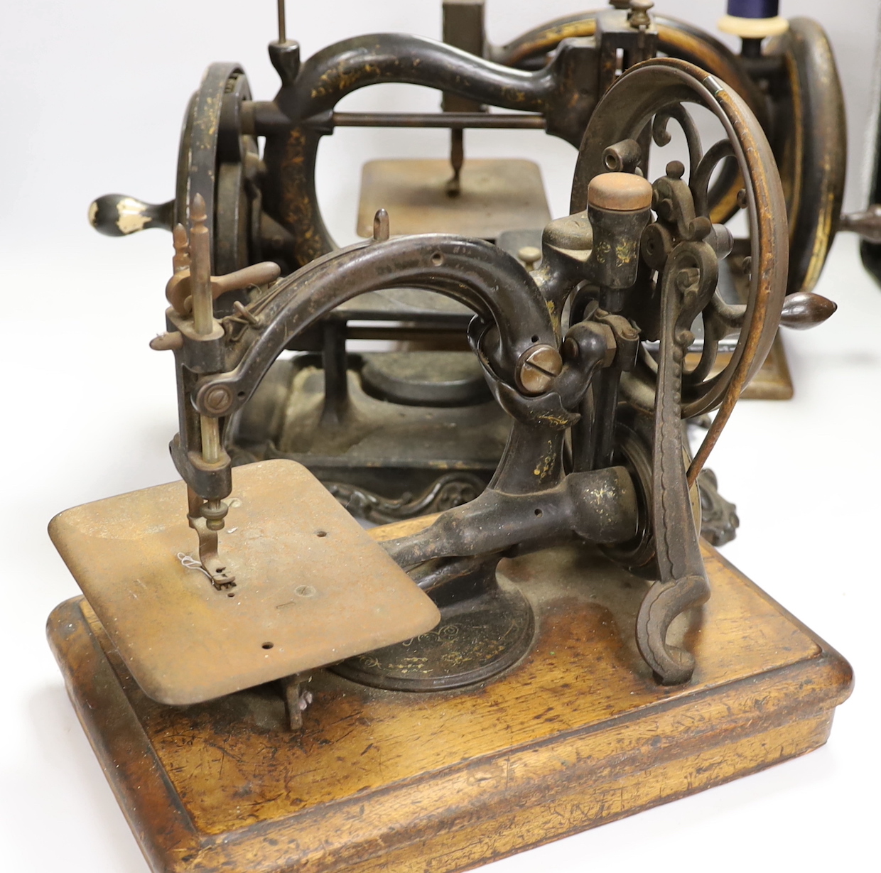 Three Victorian sewing machines, including Willcox and Gibbs and Smith and co, The Seymour patent